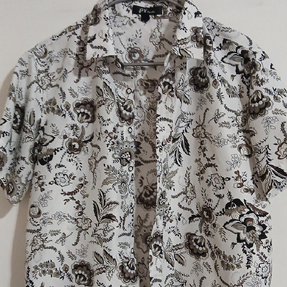 Casual Short-Sleeve Button-Down Shirt - White with Brown Floral